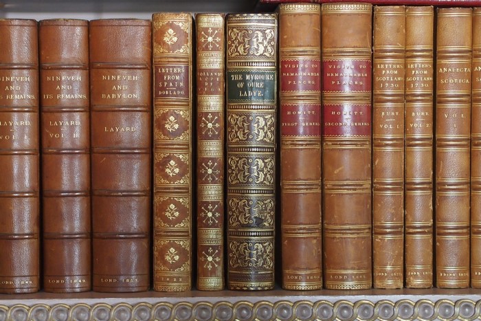 Collection of leather-bound books on a shelf