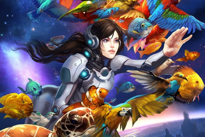 Woman in futuristic armor with flying fish and birds