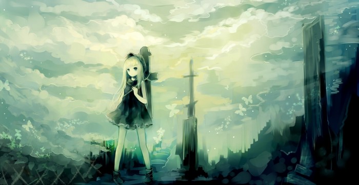 Anime girl with cross and ruins