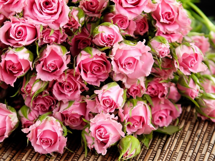 Bouquet of pink roses on a woven surface