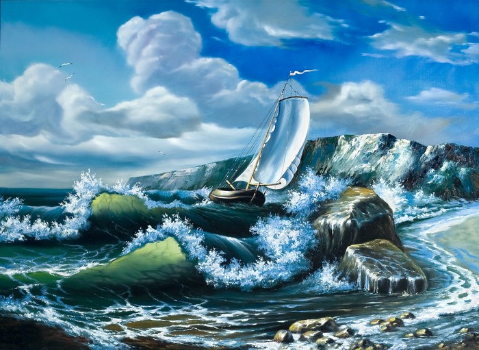 Sailboat navigating rough seas near a cliff