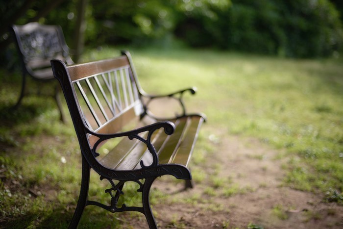 Two park benches in a grassy area