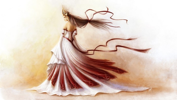 Painting of a woman in a white and red dress with flowing hair