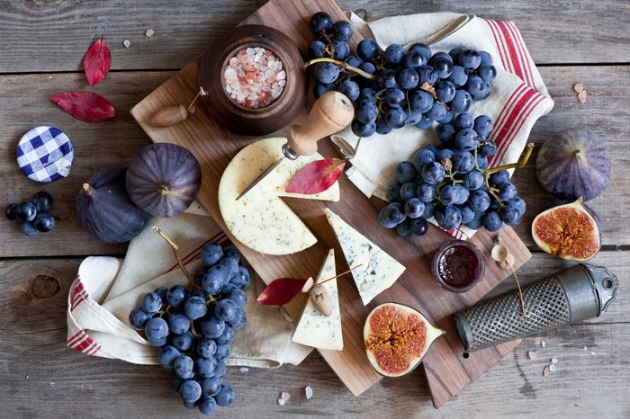 Cheese, Grapes, Figs, and Jam Still Life