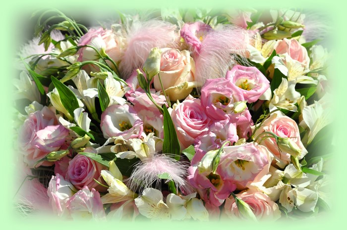 Pink Roses, Eustoma, and Alstroemeria Bouquet with Feathers