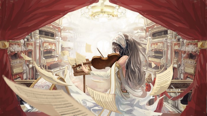 Girl playing violin in ornate concert hall
