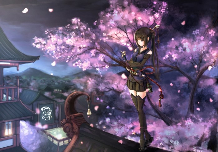 Anime girl in ninja outfit under sakura tree