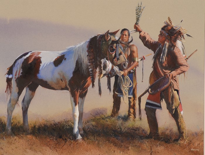 Two Native Americans with a horse