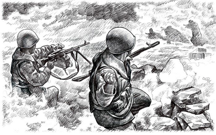 Soldiers in combat during the Soviet-Afghan War