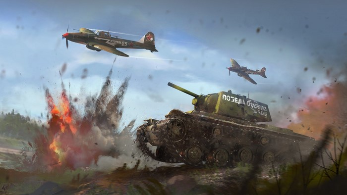 KV-1E tank and IL-2M3 Avenger planes in battle