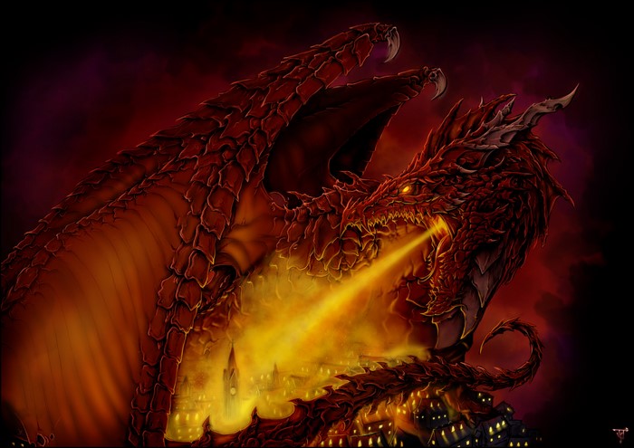 Red Dragon breathing fire on a city