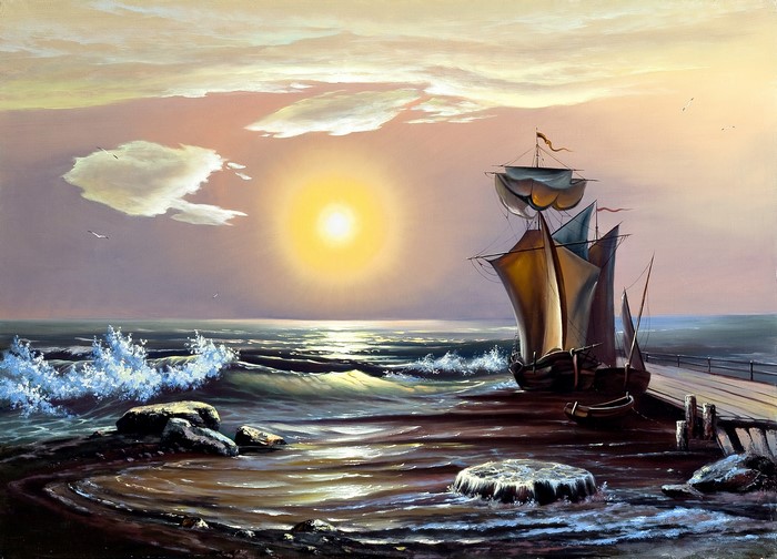 Painting of a sailing ship at sunset on the sea