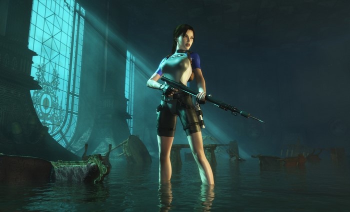 Lara Croft from Tomb Raider holding a spear gun