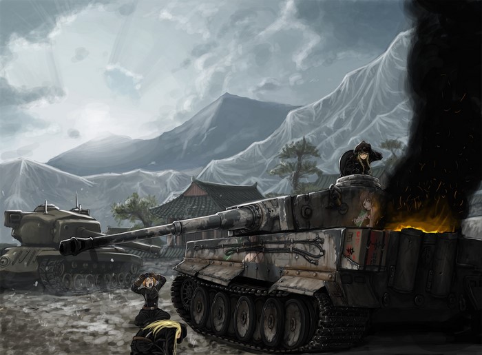 Girls und Panzer tanks in a mountainous landscape