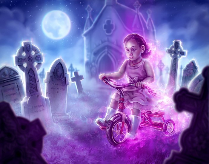 Girl on a tricycle in a graveyard