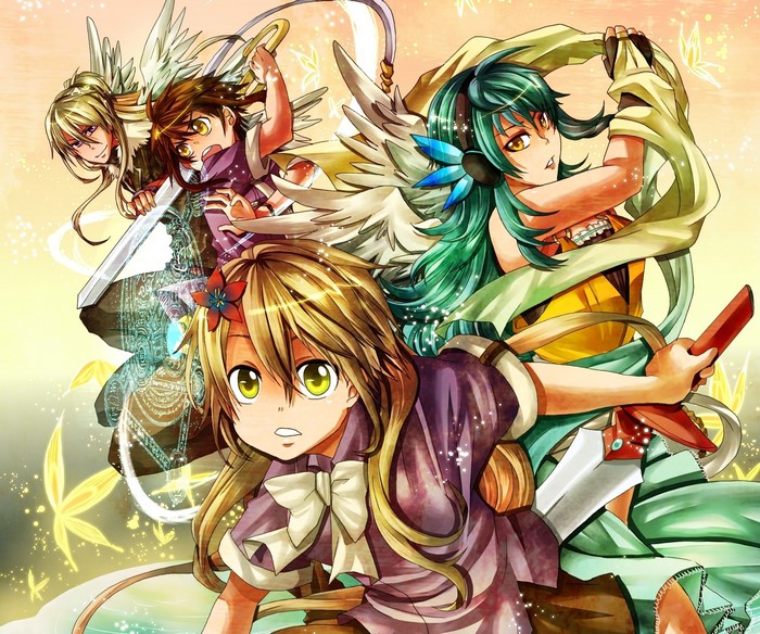 Four anime warriors with wings and swords