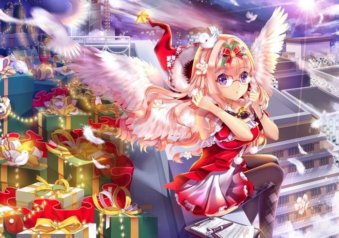 Angel with Gifts and Doves on Rooftop