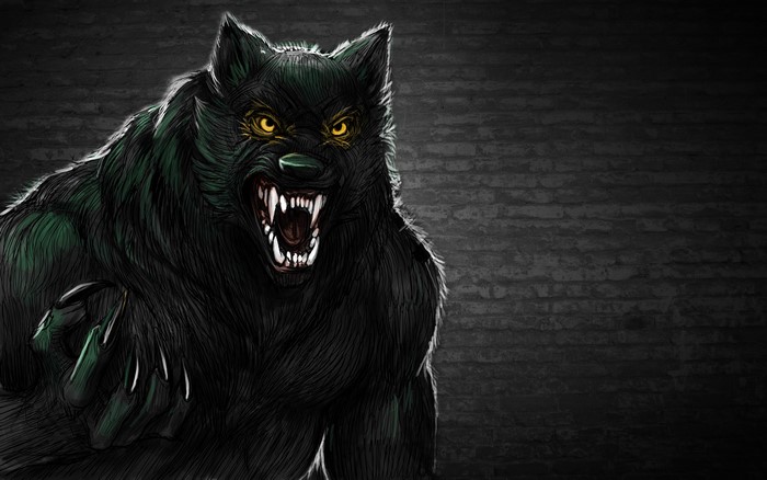 A menacing werewolf with glowing yellow eyes and sharp teeth
