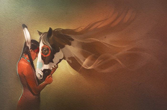 Native American woman and horse with smoke mane