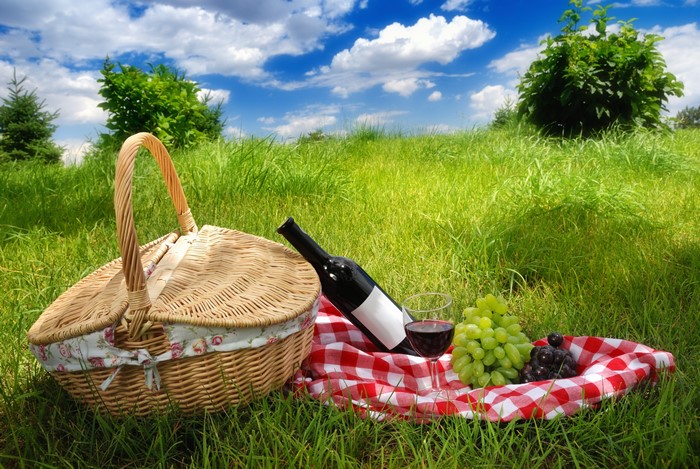 Picnic with Grapes and Wine in a Wicker Basket