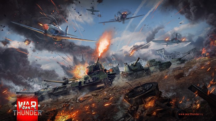 War Thunder battle with tanks and airplanes