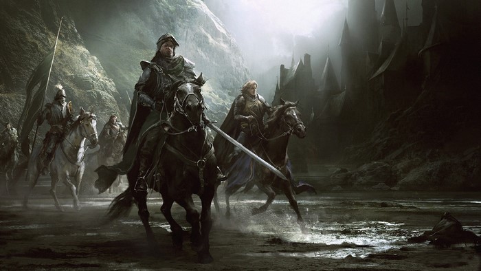 Knights on horseback in a dark, mountainous landscape