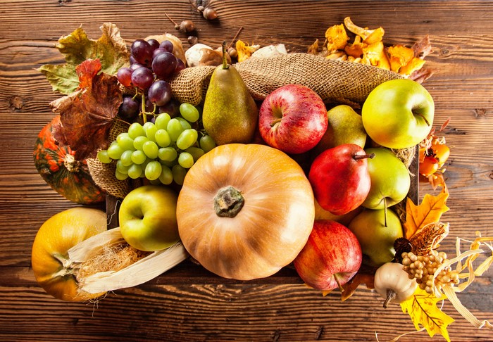 Autumn Harvest Fruit and Pumpkins