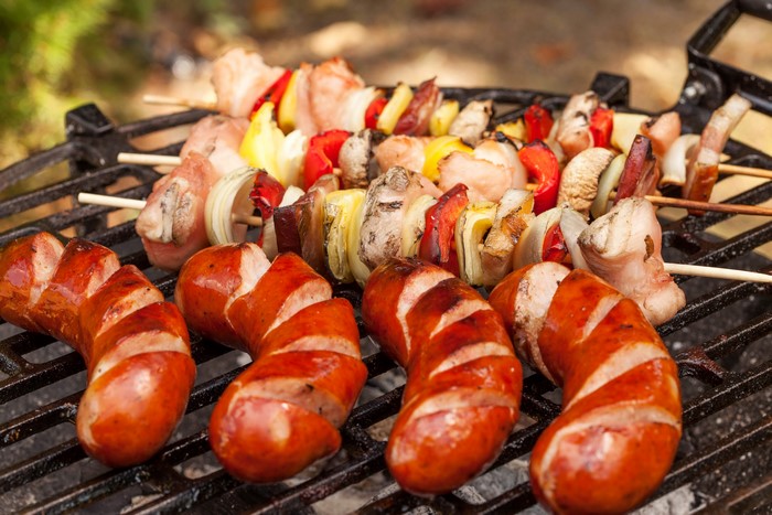 Sausages and Shashlik on a Grill