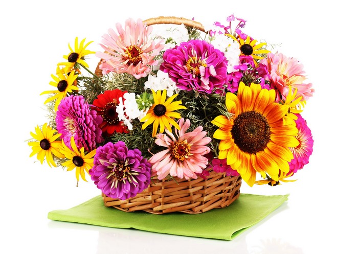 Basket of Zinnias, Chrysanthemums, and Sunflowers