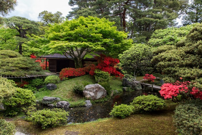 Japanese Garden with Stream and Traditional House