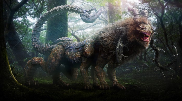 Scorpion-lion monster with horns in a forest