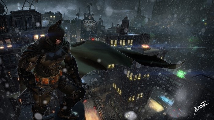 Batman in Gotham City during snowfall