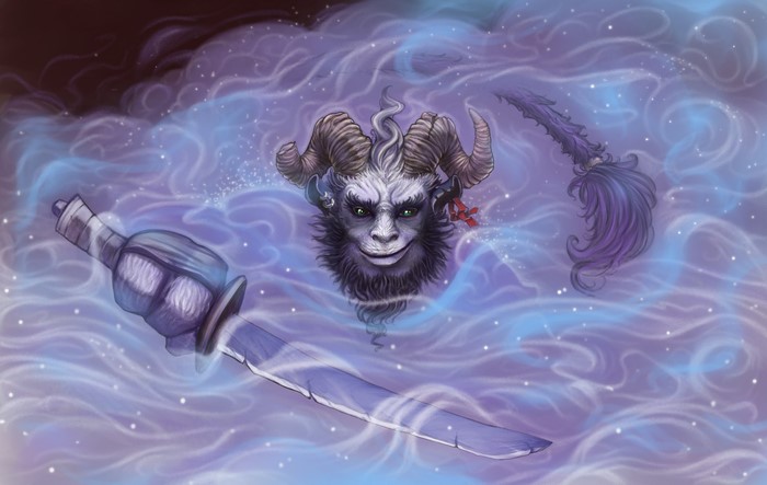 Riki from DOTA 2 with sword and horns