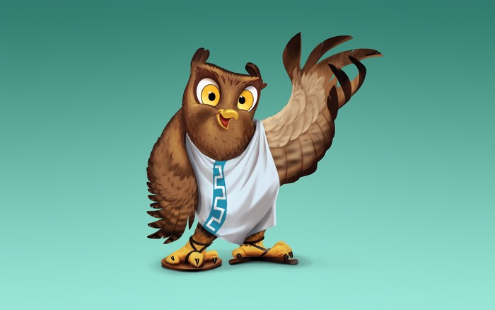 Owl wearing a toga and sandals