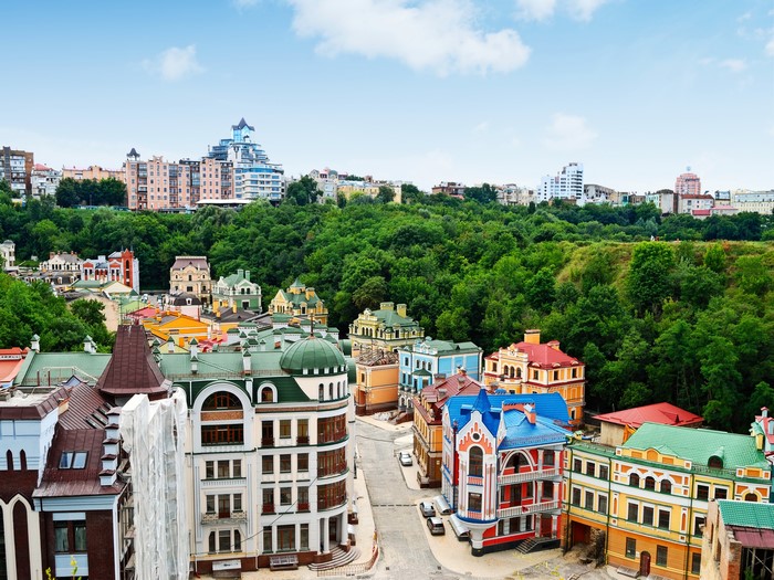 Colorful houses on a street in Ukraine, view from above