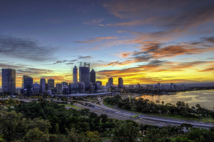 Perth City Skyline at Sunrise over Swan River