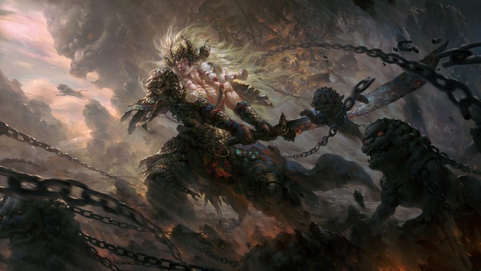 Warriors battling monsters with swords and chains