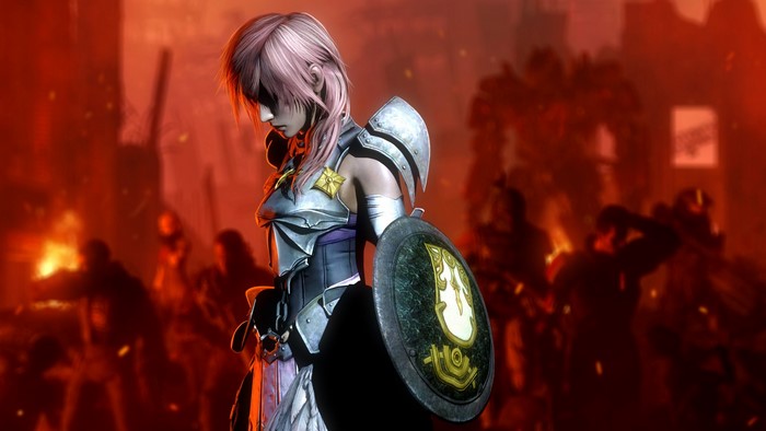 Lightning from Final Fantasy XIII with shield