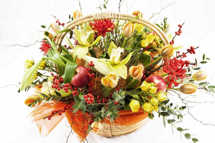 Orchid, Rose, and Tulip Flower Basket Arrangement