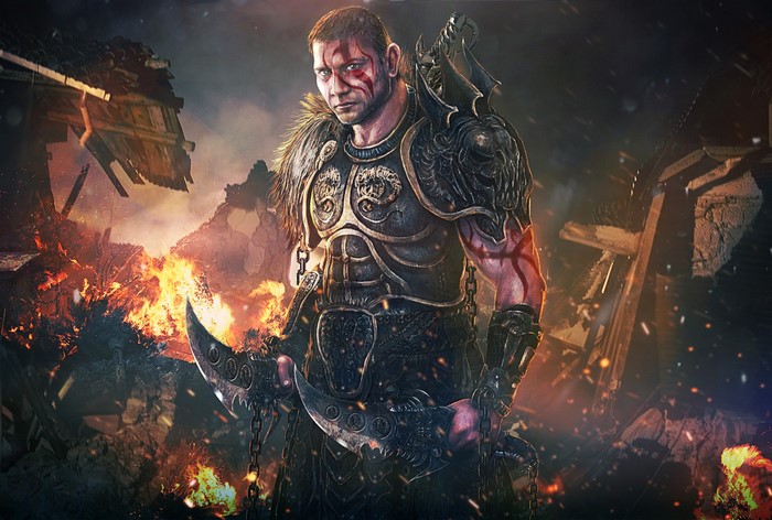Warrior with dual blades in a burning village
