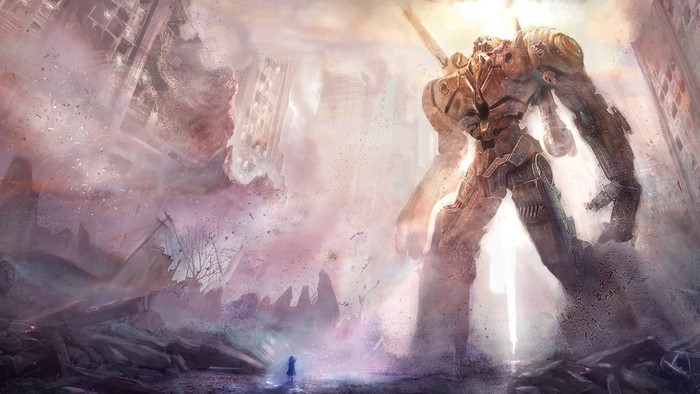 Giant robot in ruined city with a small girl