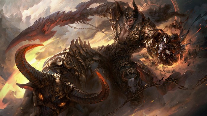Warrior riding a bull-like monster with a large sword
