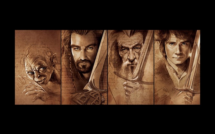 Gollum, Thorin Oakenshield, Gandalf, and Bilbo from The Hobbit