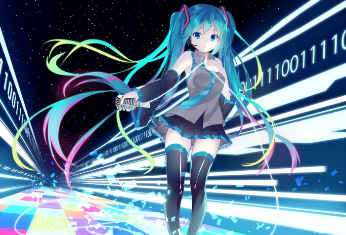 Hatsune Miku holding a microphone with binary code background