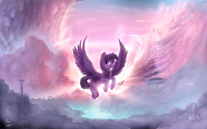 Twilight Sparkle from My Little Pony flying in clouds