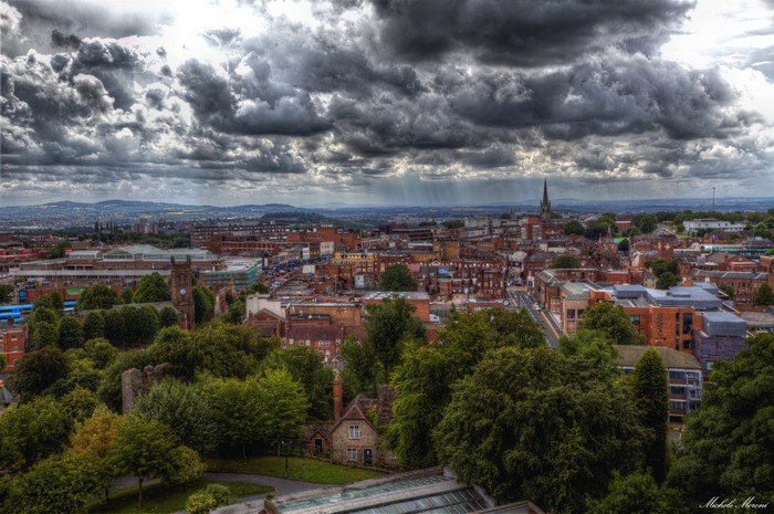 Dudley, England cityscape with stormy clouds