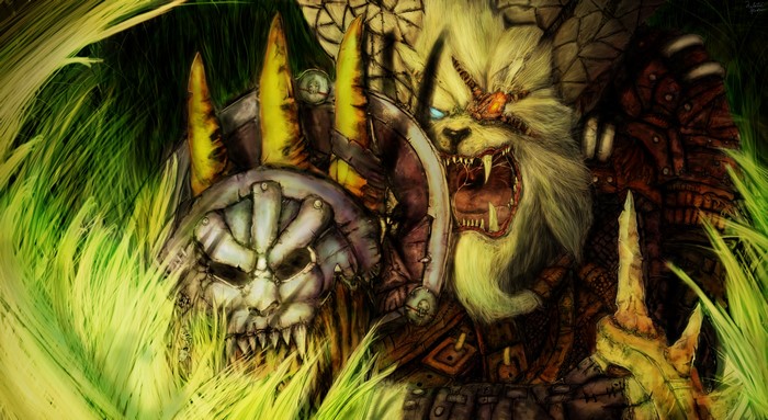 Rengar from League of Legends with a skull shield