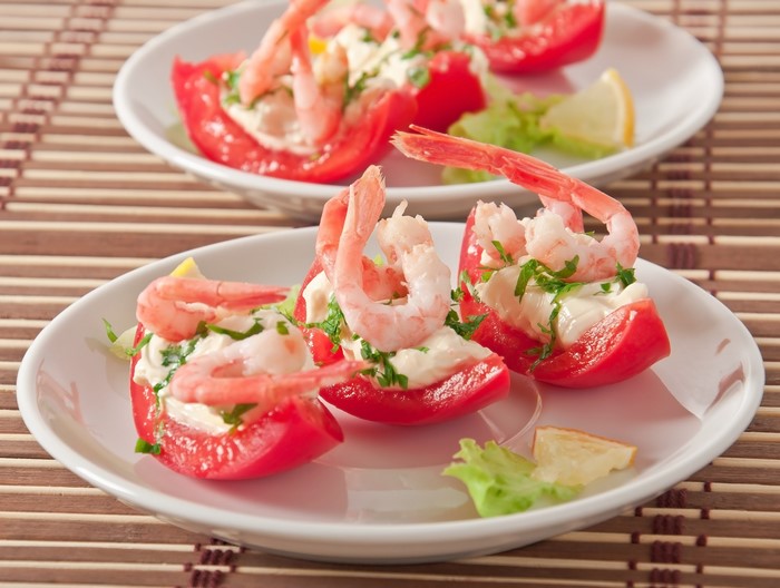 Shrimp and tomato appetizer on a plate
