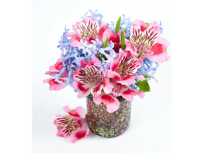 Alstroemeria and Hyacinths in a Mosaic Vase