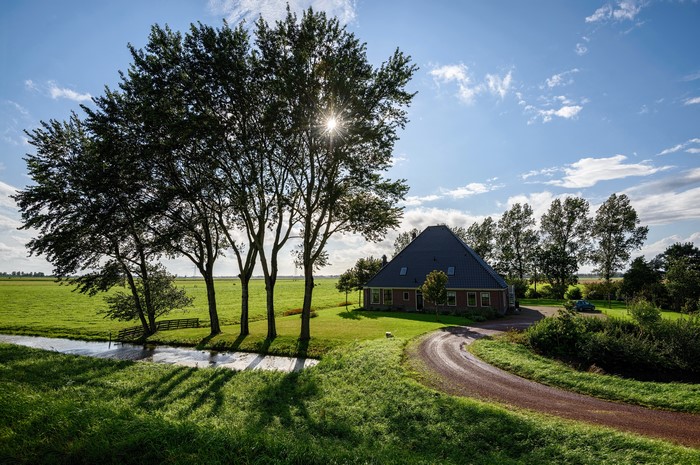 Farmhouse with trees and fields under a blue sky